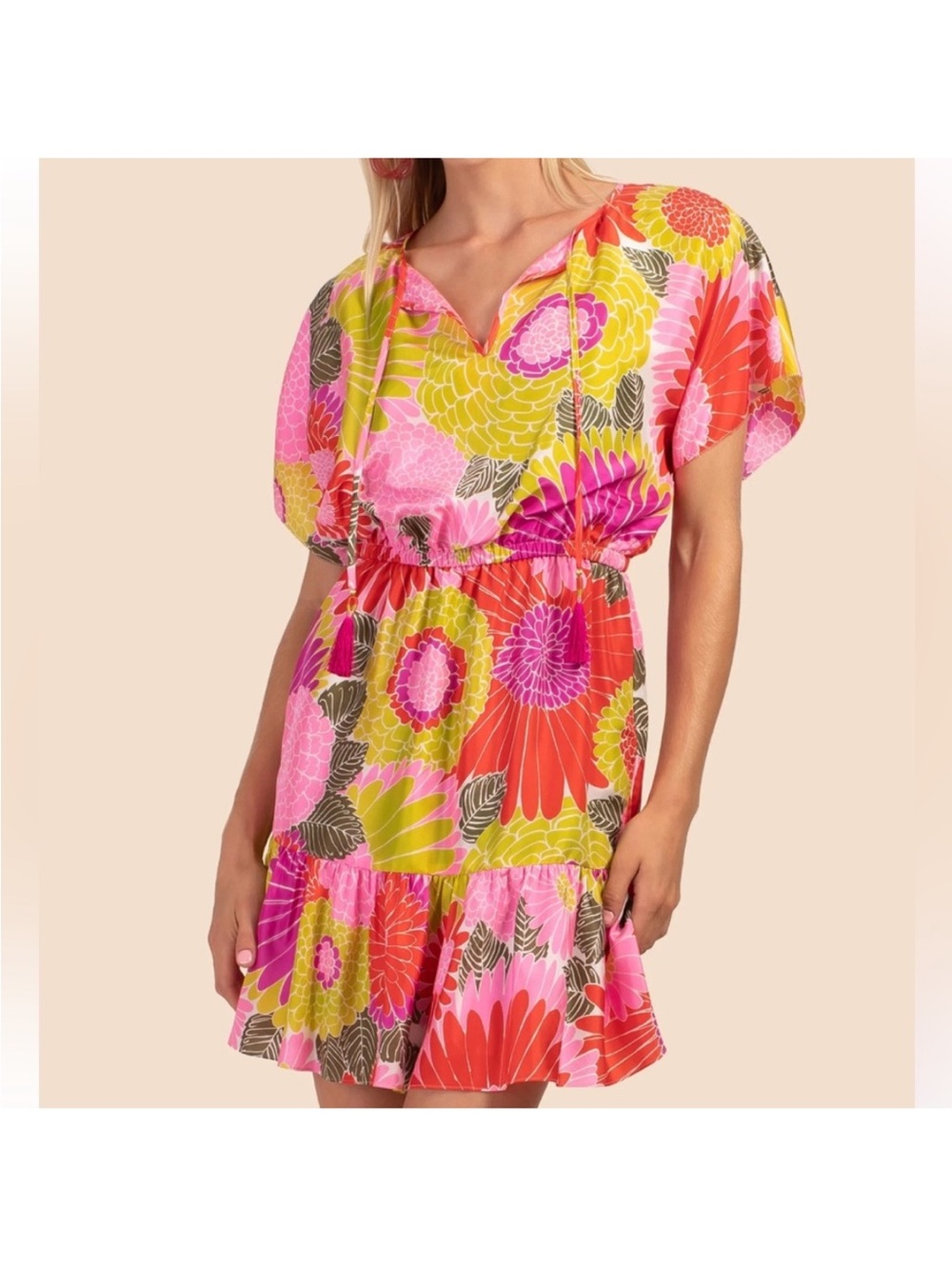 Trina Turk Mahalo Dress 100% Silk Tiered Elastic Waist - Size L - Picture 2 of 11